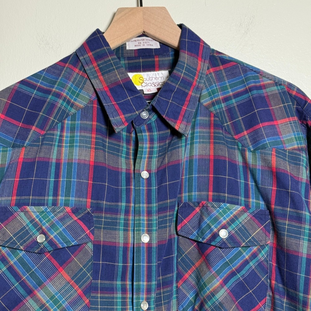 Southern Classics Mens Western Pearl Snap Shirt XL Blue Multi Plaid Lightweight